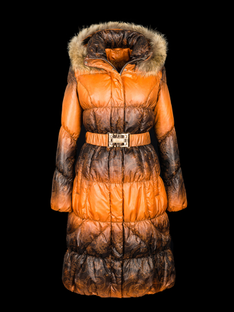 Пальто женское утепленное пух FANTAZIYA (оранжевый принт) енот натуральный